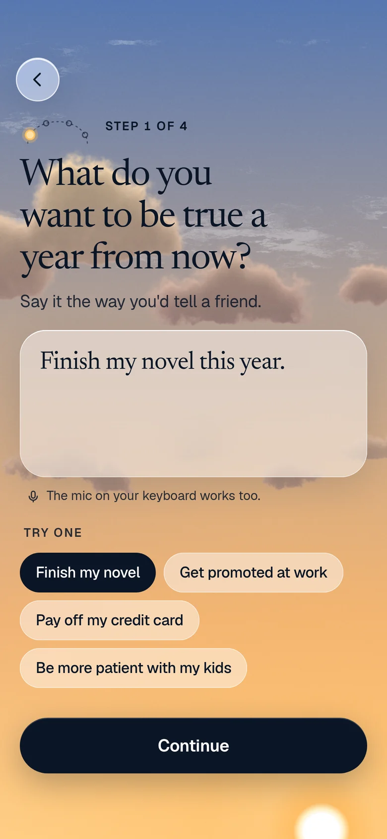 The goal screen: What do you want to be true a year from now? The answer typed in: Finish my novel this year.