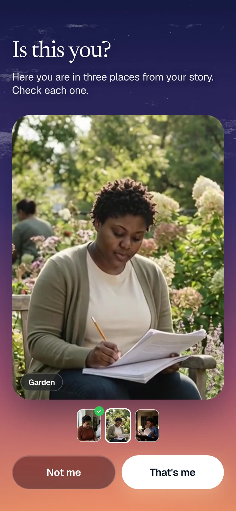 Is this you? A frame of Nia reading in a garden, with Not me and That’s me buttons.